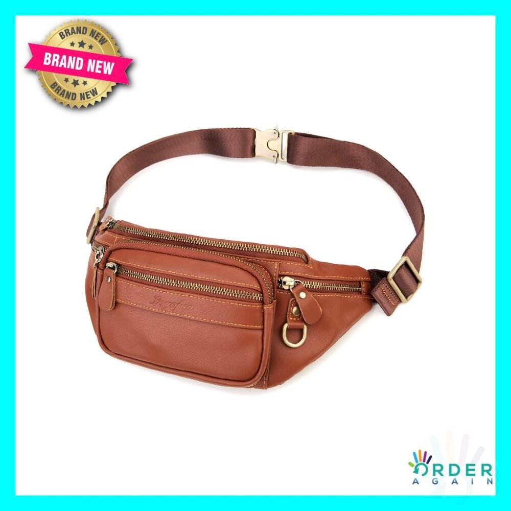 Vintage Leather Fanny Pack Adjustable Belt 6 Zippered Pockets Travel Hiking